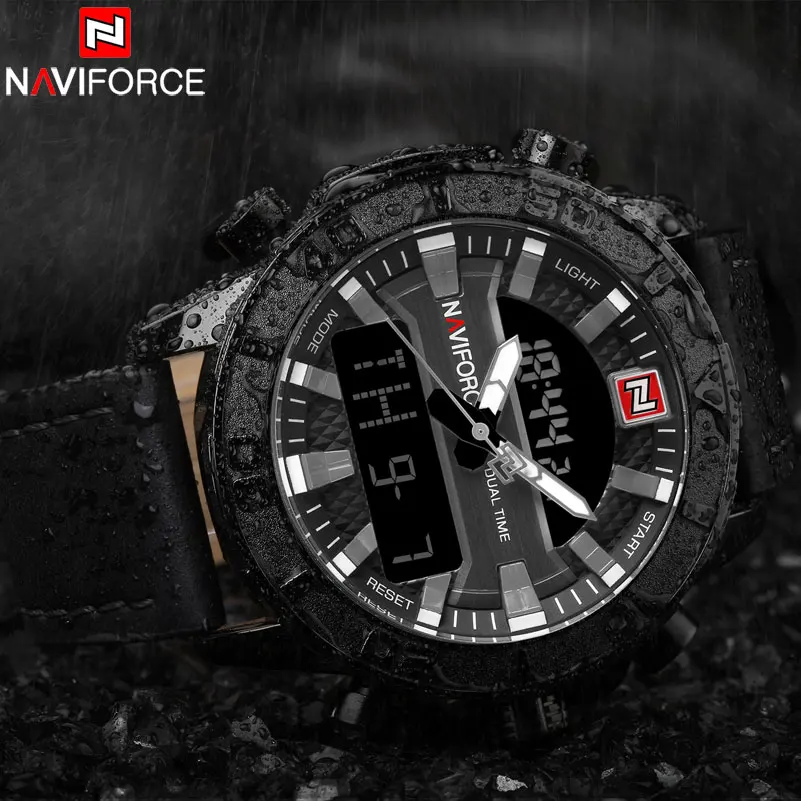 NAVIFORCE бренд часы для мужчин спортивные цифровые Человек Кожаный ремешок