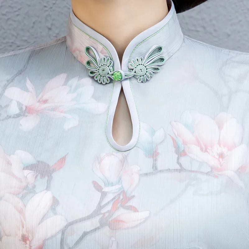 

Knee Length Cheongsam Vintage Chinese Mandarin Collar Dress 2019 Womens Summer Chiffon Rayon Qipao Slim Party Dresses Vestido