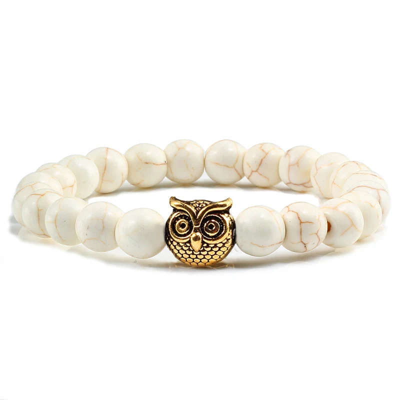 white beads gold Античное серебро золото животное сова Амулет Голова браслет femme натуральный камень Синий Белый Красный бисера энергии браслеты женские мужские ювелирные изделия - Окраска металла: white beads gold