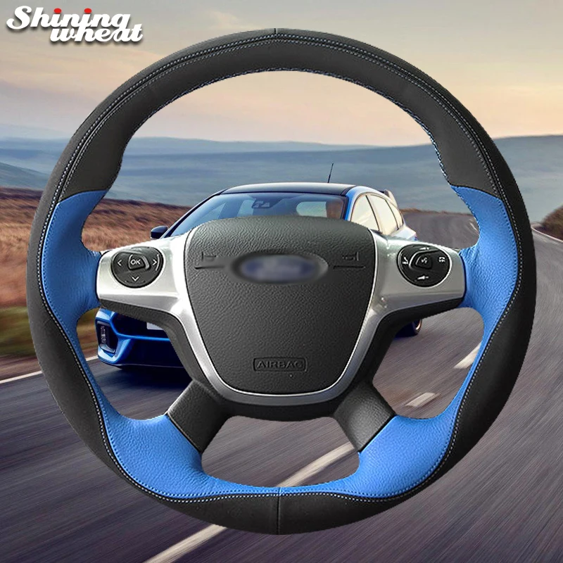 

Shining wheat Black Blue Leather Car Steering Wheel Cover for Ford Focus 3 2012-2014 KUGA Escape 2013-2016 C-MAX 2011-2014