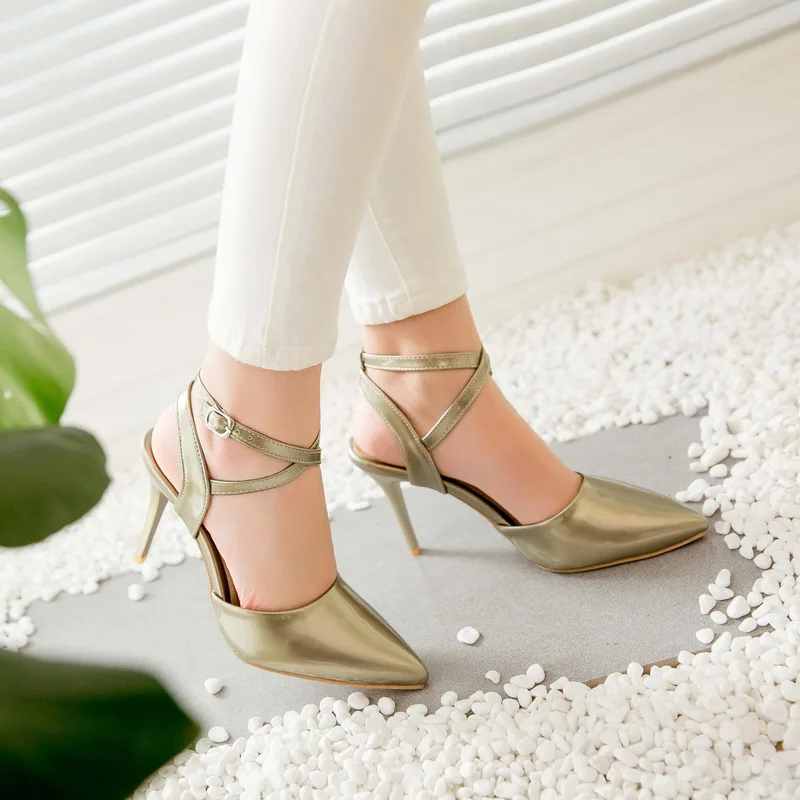 KSJYWQ Plus Size Women Pumps 9 CM High Heels Silver Party Sandals Summer Dress Pointed-toe Buckle Slingbacks Box Packing 169 | Обувь