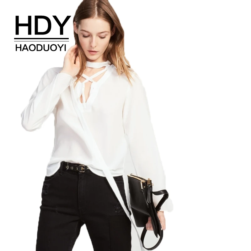 HDY Haoduoyi Solid White/Black Casual Shirt Women V Neck Lace Up Long Sleeve Elegant Fashion Blouse Female Tops Lady|blouse fashion|fashion