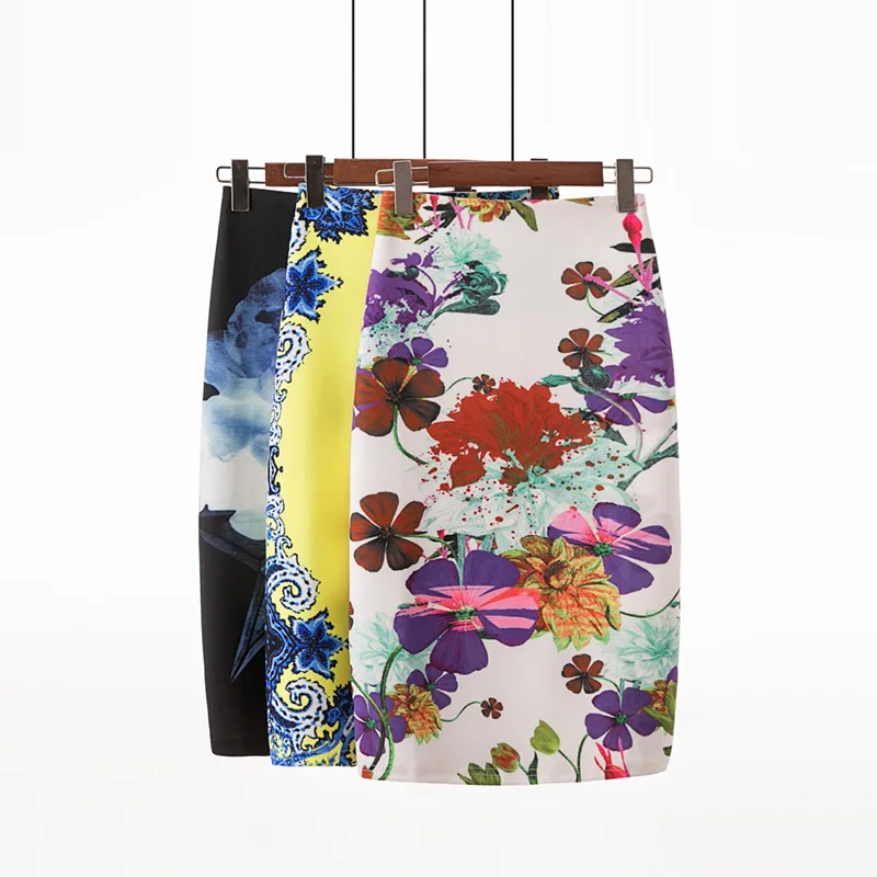

2021 Spring Summer Skirt Women Sexy Pencil Skirts Elegant Vintage High Waist Print Flowers Casual Midi Skirt Faldas Mujer Jupe