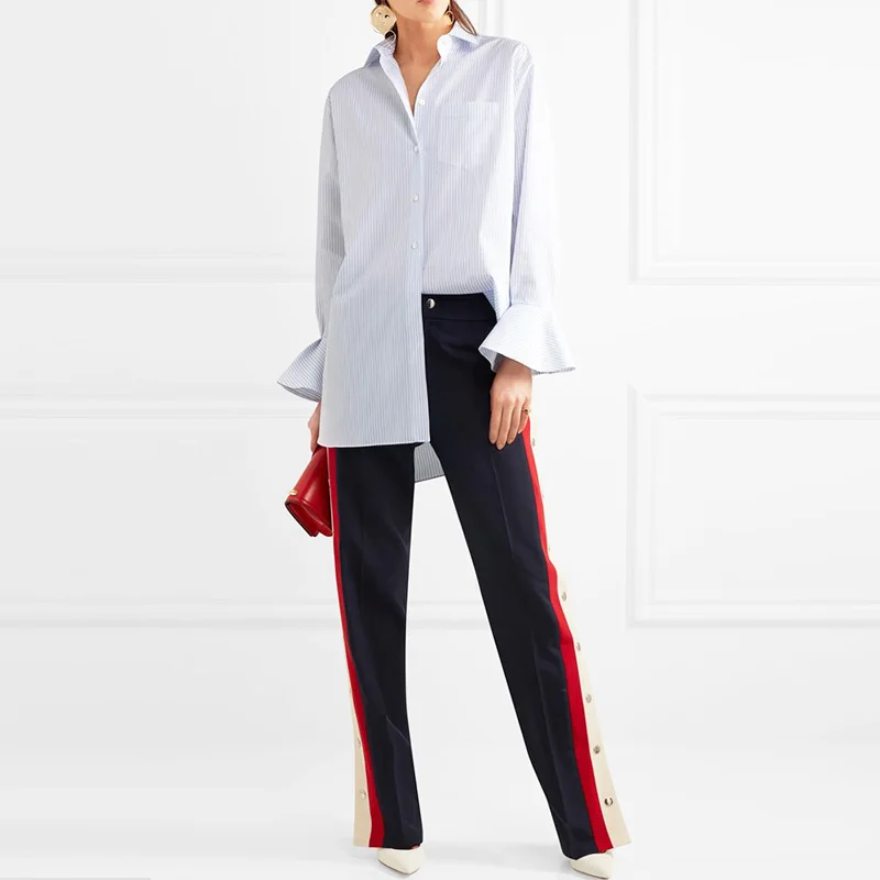 Брюки женские прямые в полоску с металлической пряжкой повседневные брюки весна