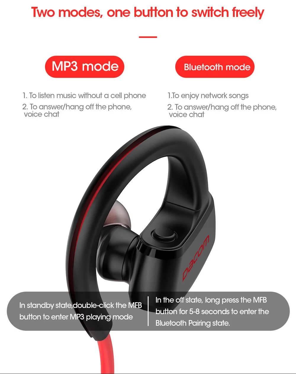 DACOM P10, MP3 плеер, гарнитура для телефона, стерео, спортивные, беспроводные, Bluetooth наушники, наушники с 512 М памятью, IPX7, водонепроницаемая гарнитура