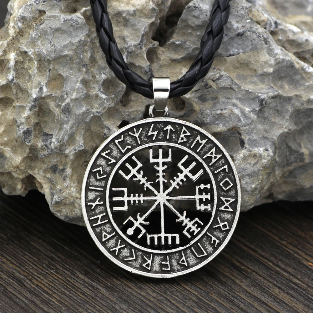 Викинг исландский Vegvisir шлем ужас в руническом круге кулон волшебный компас с кольями Рунический амулет колье ожерелье - Окраска металла: Leather2