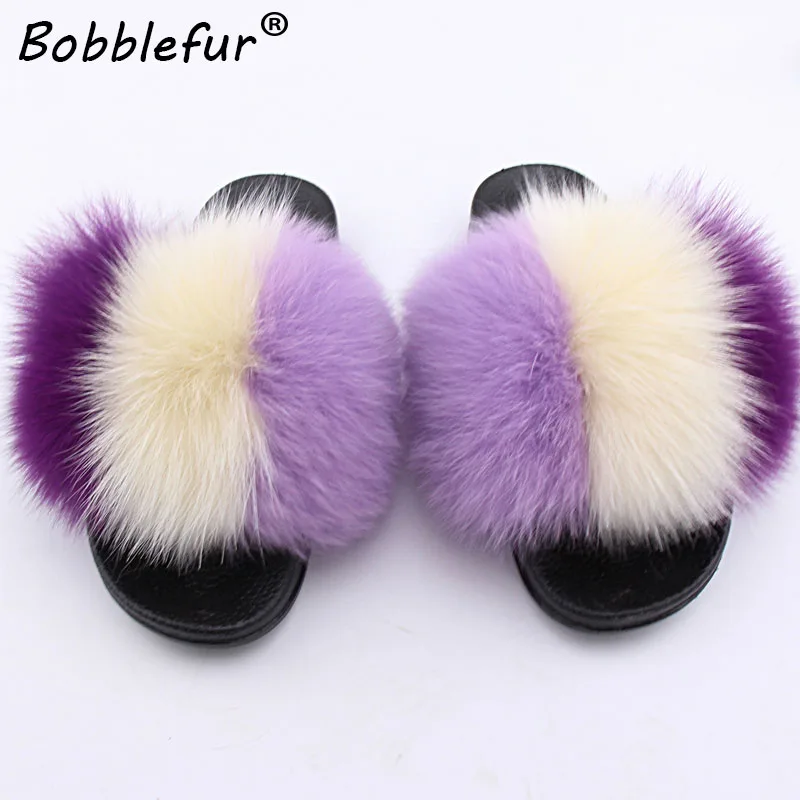 Ms.bobblefur Women Flip Flops Furry Indoor Natural Fox Fur Slipper Luxury Fluffy Plush Shoes FREE shipping | Обувь