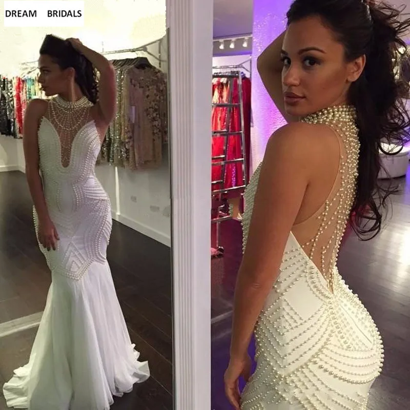 

Ivory Heavy Beading Pearls Trumpet Evening Gowns Long Arabic Robe De Soiree Abendkleider 2019 New Arrival Prom Evening Dresses