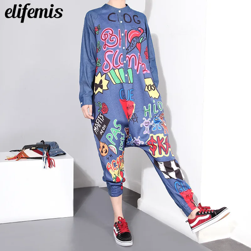 2017 осень-зима Для женщин комбинезон Комбинезоны для малышек граффити хип-хоп с