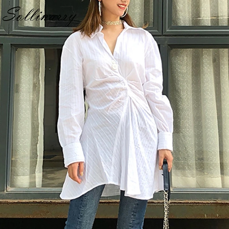 Sollinarry White Elegant Slim Short Dress Shirt Women Autumn Long Sleeve Blouse Office Ladies Casual Vestidos | Женская одежда