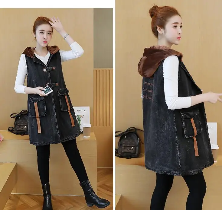 

Rlyaeiz 2018 Vintage Fashion Spring Autumn Women's Vest Hooded Denim Jackets Medium-Long Pockets Sleeveless Coat Waistcoat Vests