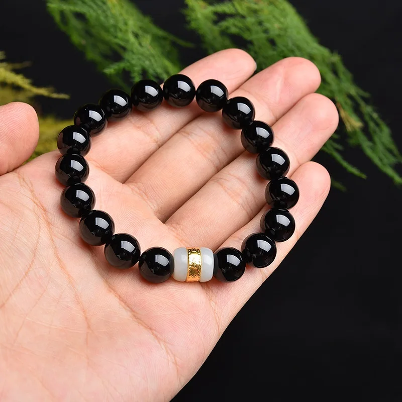 24K желтый золотой белый жадеит бусины натуральный черный Агат браслет эластичная