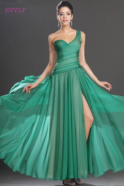 

Green Evening Dresses A-line One-shoulder Chiffon Slit Sexy Long Formal Party Evening Gown Prom Dresses Robe De Soiree