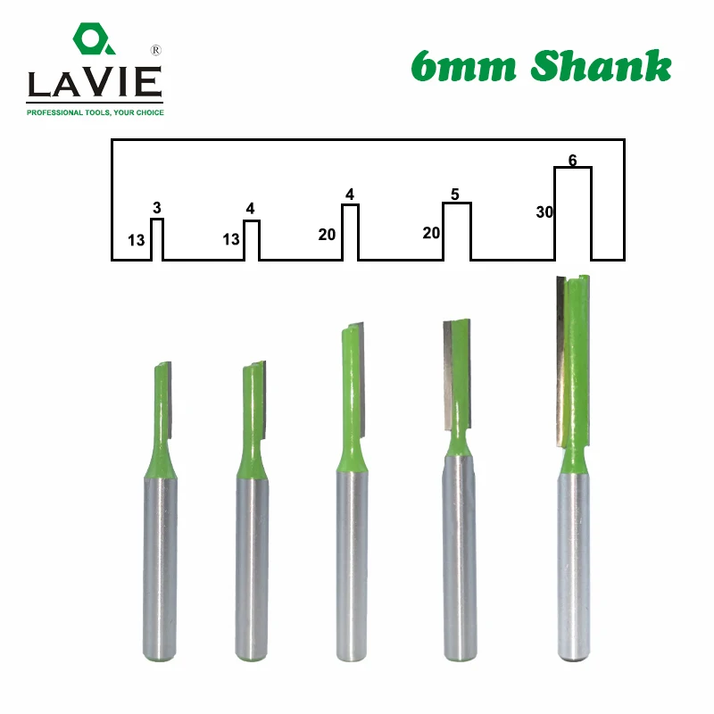 LAVIE 5pcs 6mm Shank Single Straight Bit Double Flute Milling Cutter for Wood Tungsten Carbide Router Bit Woodwork Tool MC06022