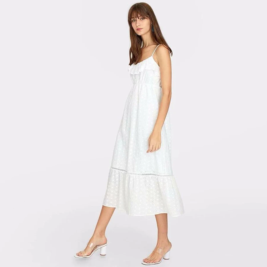 TEELYNN strappy lace dress white cotton floral Embroidery boho sexy sleeveless strap summer dresses long women | Женская одежда