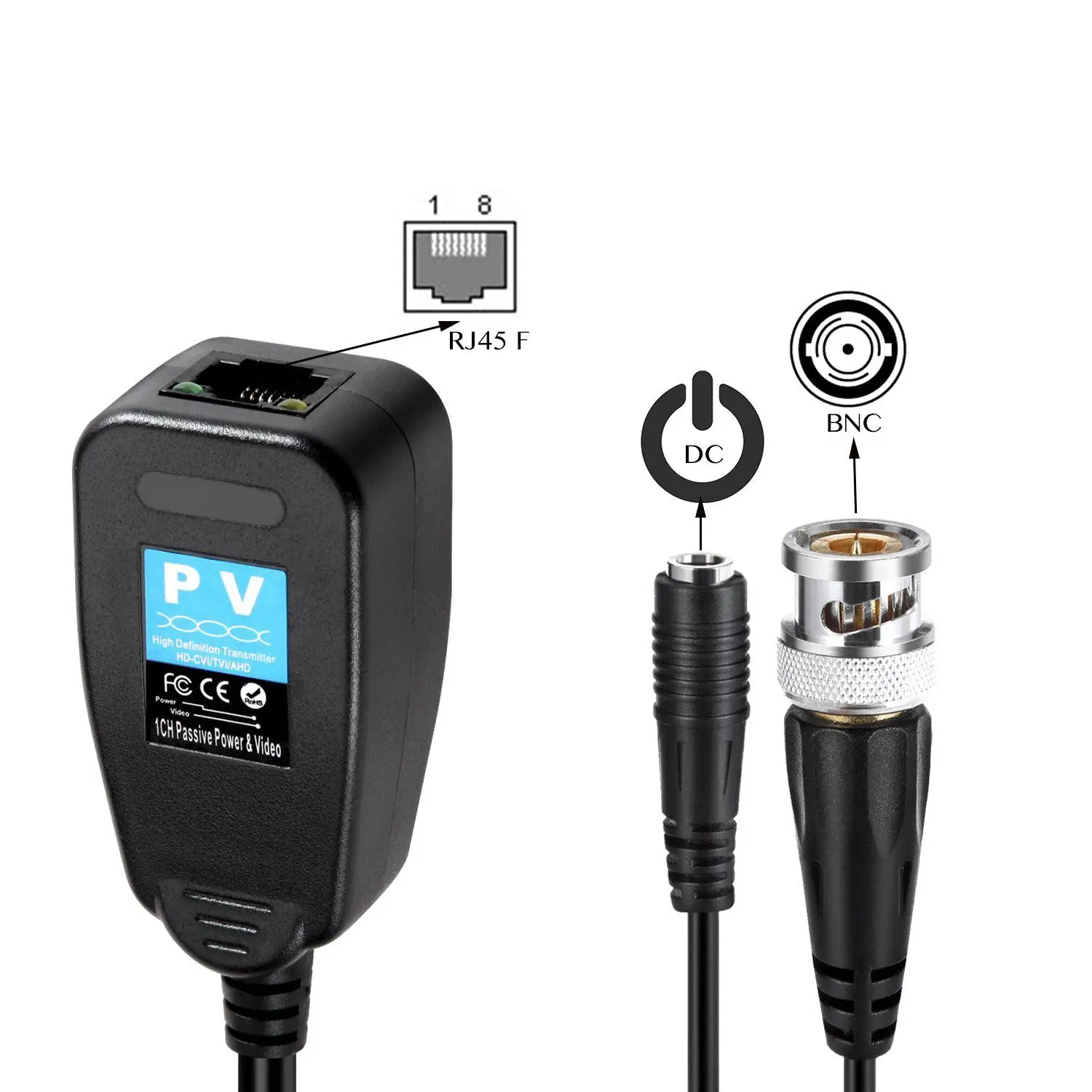 RISE HD CVI/TVI/AHD пассивный видео балун с разъемом питания и RJ45 CAT5 передатчик данных 1