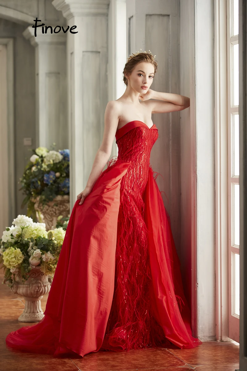 Finove New Elegant Red Prom Dress Sexy Strapless With Feathers Sequins Floor-Length Long A Line Formal Women's Dresses
