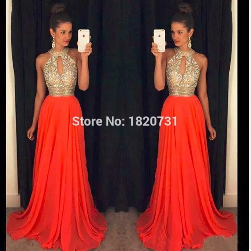 Online Orange Prom Kleider Eine Linie Halter Top Kristall Perlen Kleid Für Graduation Vestidos De Formatura Longo 2020 Abendkleider Zurück