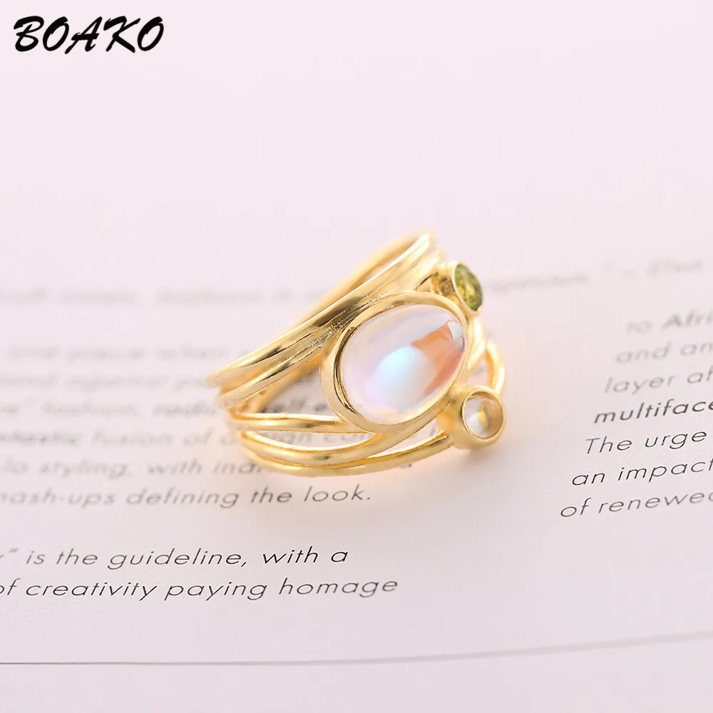 BOAKO Boho Овальный лунного камня из желтого золота кольца для Для женщин Винтаж Радуга Натуральный камень кольцо из белого золота из цветного циркона, хрусталя кольцо обручальное кольцо Bague