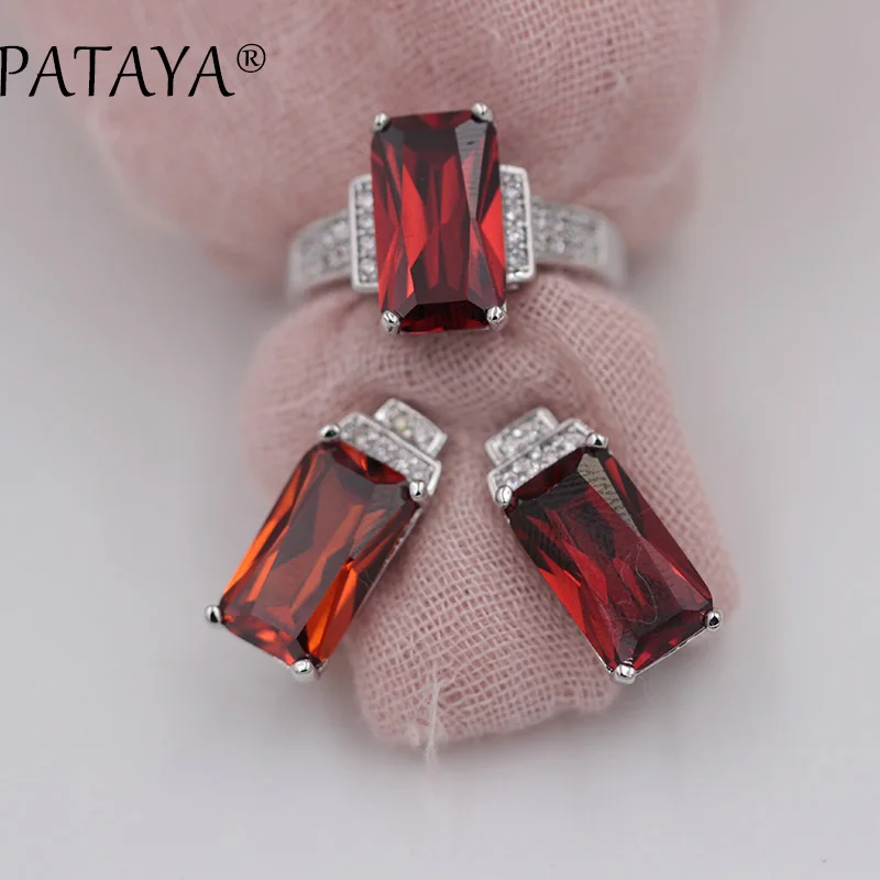 PATAYA New Square Green Natural Zirconia Earrings Ring Sets Women Wedding Party True White Gold Romantic Jewelry Set Multicolor | Украшения