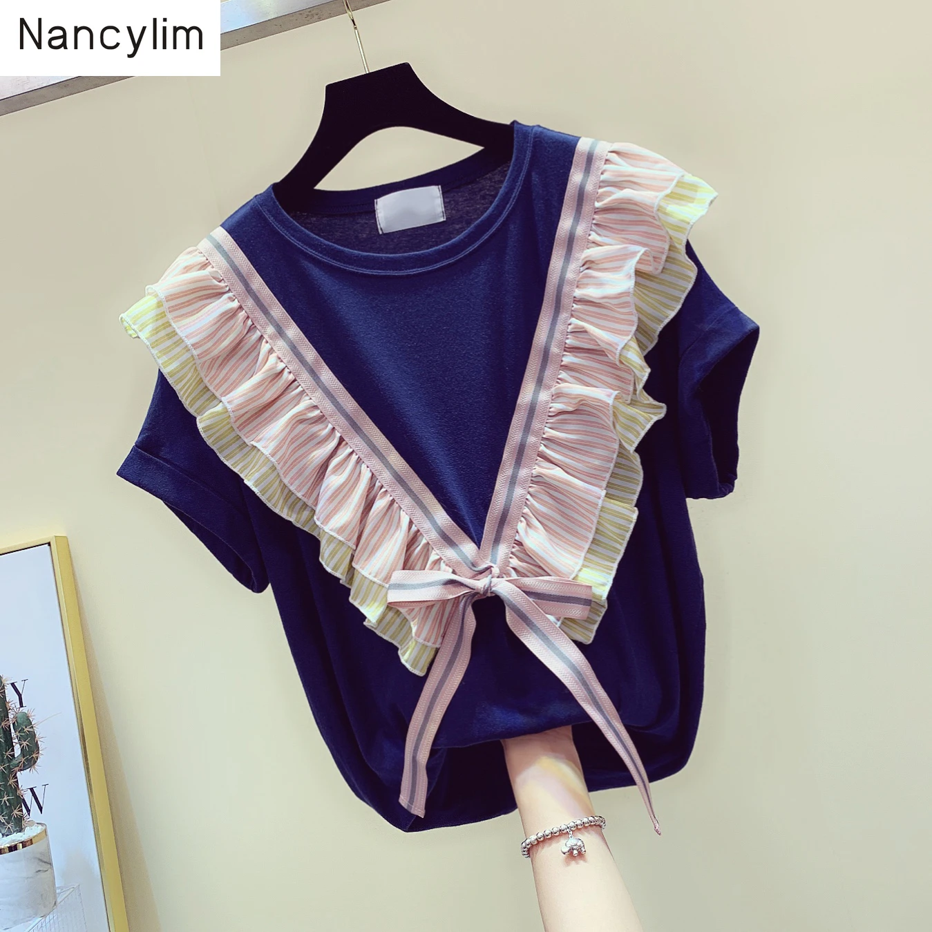 Женская свободная футболка с оборками в Корейском стиле бантом лето 2019|Футболки|