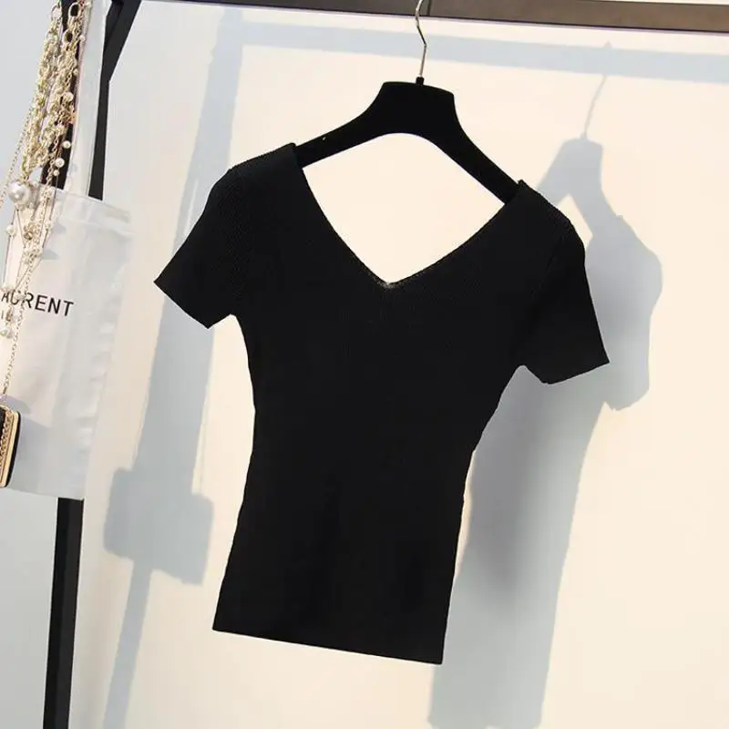 V-neck Slim Knitting Tees Women 2019 Summer Stretch Sweaters Ladies Pullovers Female Tops Grey White Black Knitwear High Quality | Женская