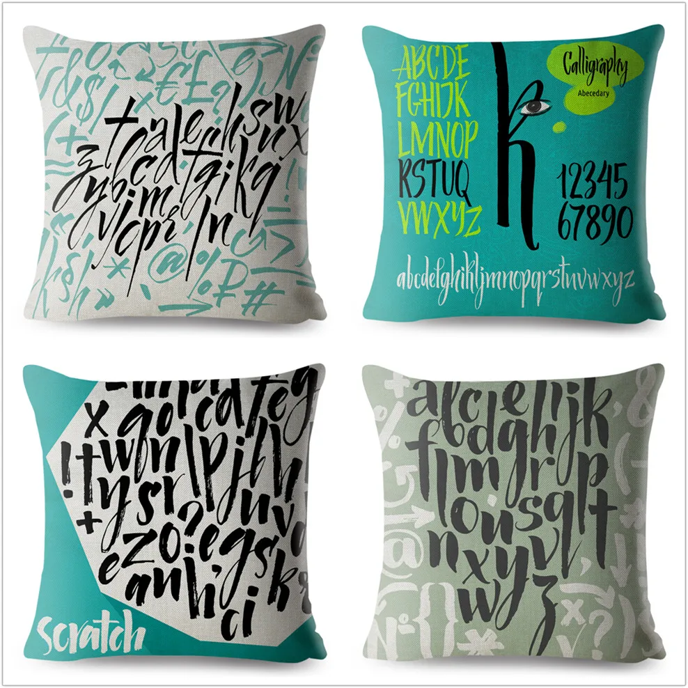 Ink Letter And Number Print Pillowcase Beige Linen Cushion Cover 45*45 Square Throw Pillows Covers Sofa Home Decor Pillow Case | Дом и сад