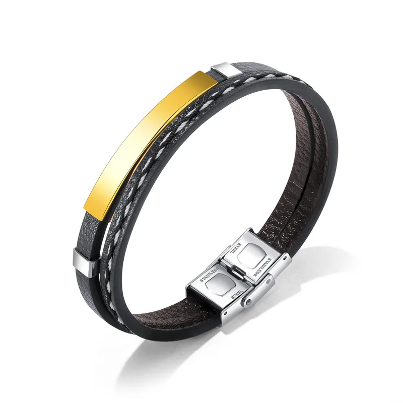 Gold Color GAGAFEEL 21 см кожаные браслеты для мужчин DIY настраиваемые гравировка нержавеющая сталь бар браслеты персонализированные Pulseira - Окраска металла: Gold Color