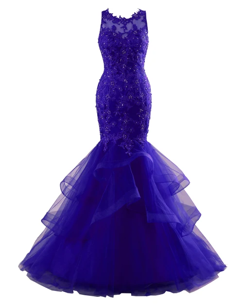 Royal Blue Элегантные кружевные прозрачные красные вечерние платья размера плюс с тюлевой аппликацией Длинные вечерние платья с круглым вырезом без рукавов robe De Soiree CG22 - Цвет: Royal Blue