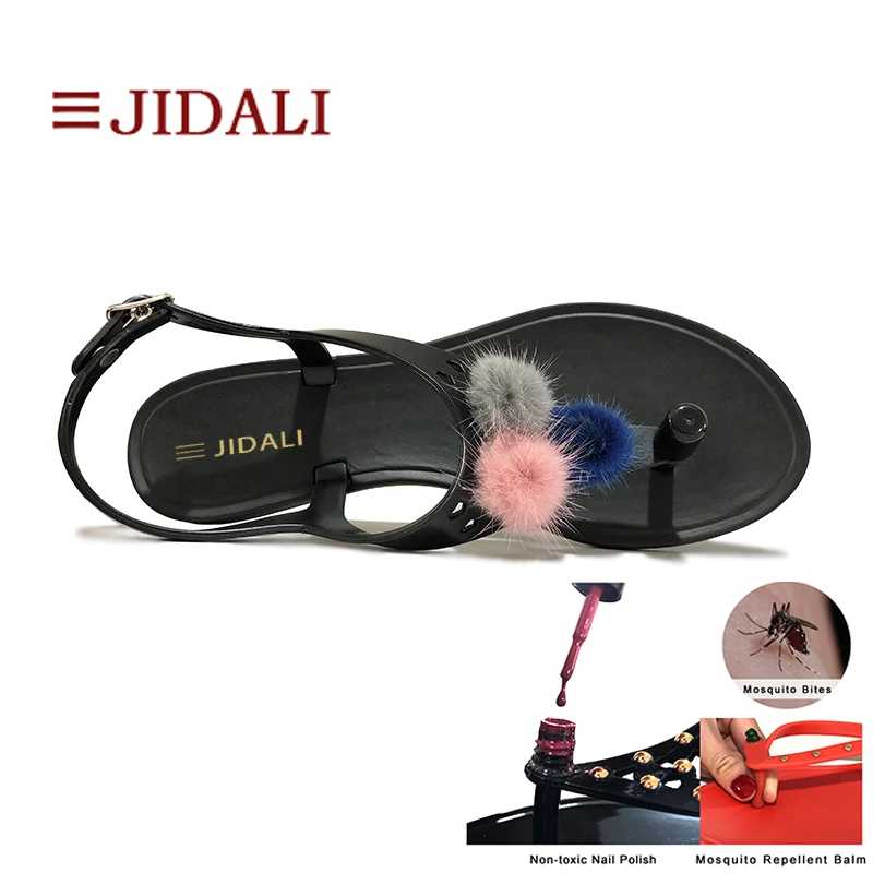 JIDALI/Модная обувь; женские вьетнамки из меха норки; нетоксичный лак для ногтей или бальзам от комаров; Летние треугольные сандалии из ПВХ