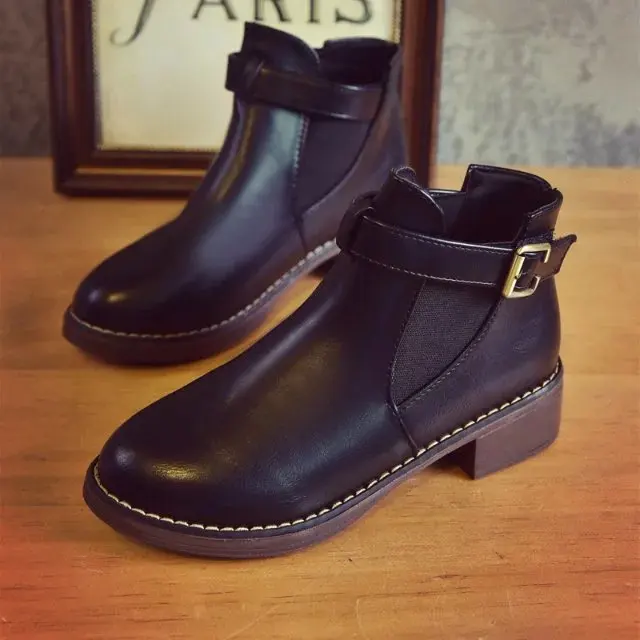 GOXPACER Winter Boots Women Solid Color Middle Heel Female Martin Buckle Strap Fashion Round Toe Ankle Patchwork All Match | Обувь