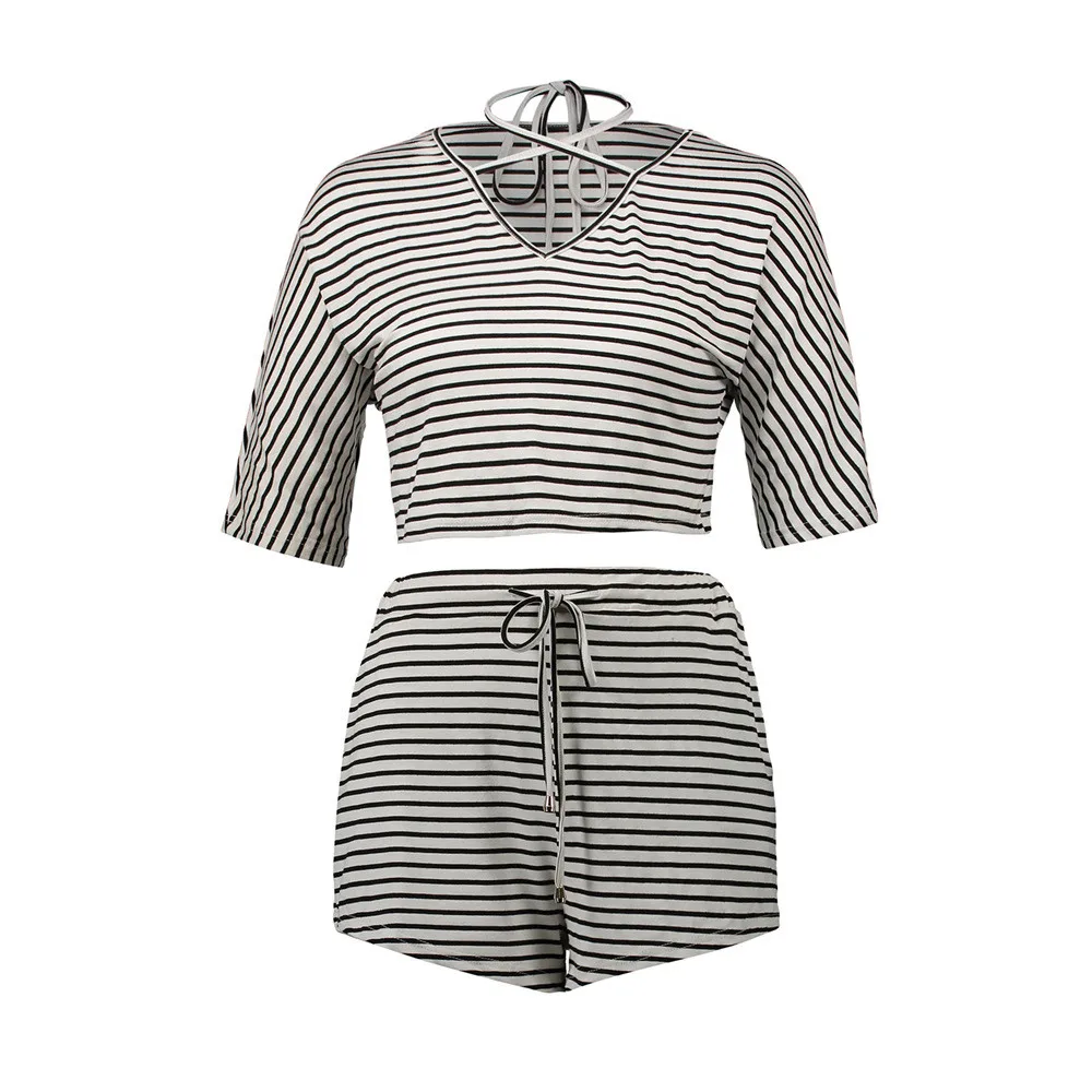 

Fashion Stripes Half Sleeve Casual Shirt and Shorts Set Women V Neck Shirt