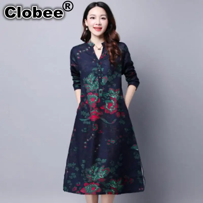 2019 весна и осень большое платье в фольклорном стиле размер Хлопок Свободный