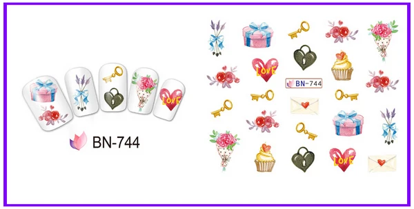 UPRETTEGO 12 упак./лот переводка NAIL ART наклейки на ногти цветок ручной работы розы с милыми сердечками и поцелуй губы торт на День святого Валентина BN733-744