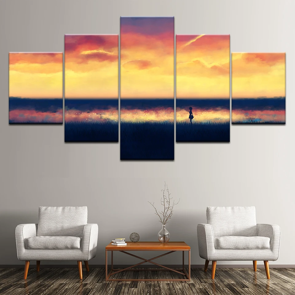 5 панелей модульный большой постер Hd картина маслом девушка Закат Печать на