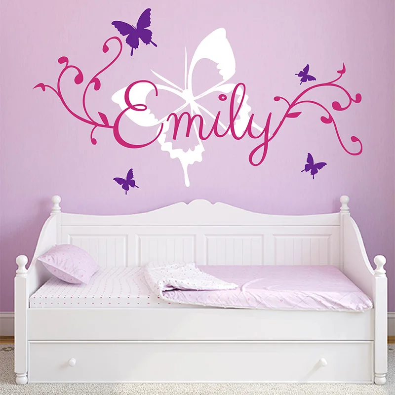 

Butterfly Personalised Name Wall Sticker Floweral Vine Wall Decal with Custom Name Butterfiles Name Wall Art 801C