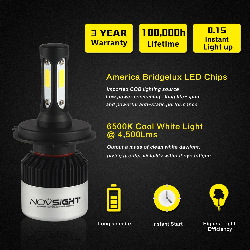 NOVSIGHT 6500K 72W фары для H4 H7 9005 9006 светодиодный фар H11 H4 Противотуманные фары 360 градусов HB3 9005 HB4 H3 880 881 H27 авто светодиодный лампы