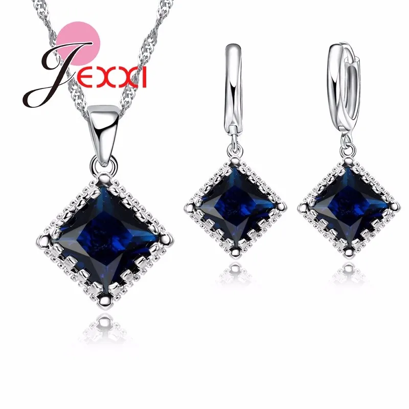 Top Quality 925 Sterling Silver Jewelry Set Classic Square Clear Cubic Zirconia Necklace Earrings for Women Wedding | Украшения и