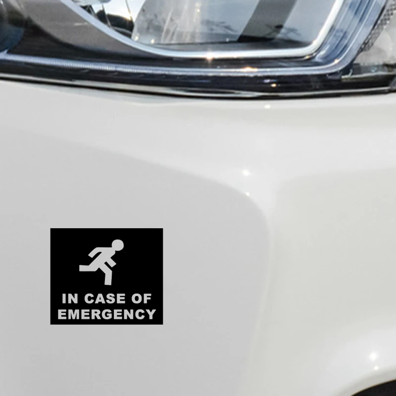 

QYPF 12.8CM10.9CM Warning In Case Of Emergency Graphic Car Sticker Black/Silver Vinyl Decoration S9-2354
