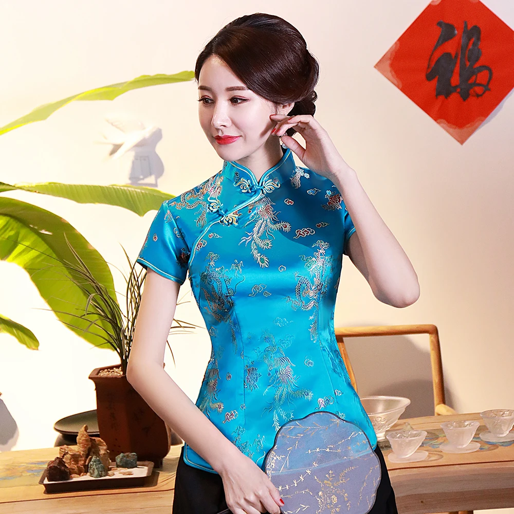 Dragon Phoenix Chinese National Women Blouse NEW Casual Summer Short Sleeve Shirt Tops Traditional Mandarin Collar Clothing