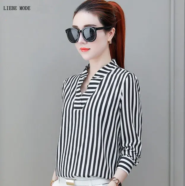 

Womens Full Sleeve Casual Chiffon Formal Blouse Tops Female V-Neck Work Wear Striped Office Shirts Women Plus Size 4XL