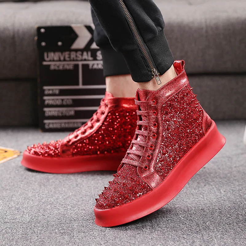 British luxury fashion men party banquet dresses soft leather rivet shoes flat platform shoe personality hip hop ankle boots man