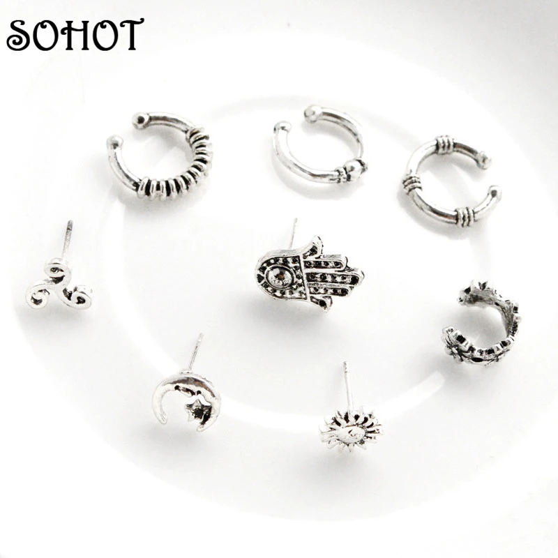 Женские серьги-клипсы SOHOT 8 шт. тибетский серебристый цвет набор из сережек Sun Moon