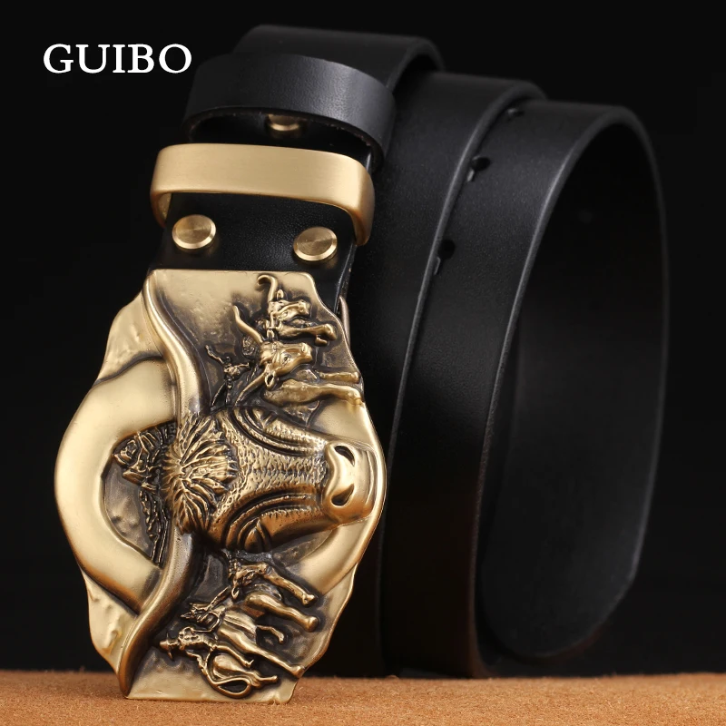 GUIBO Bull Винтаж таблички Пряжка корова пояса из натуральной кожи для мужчин