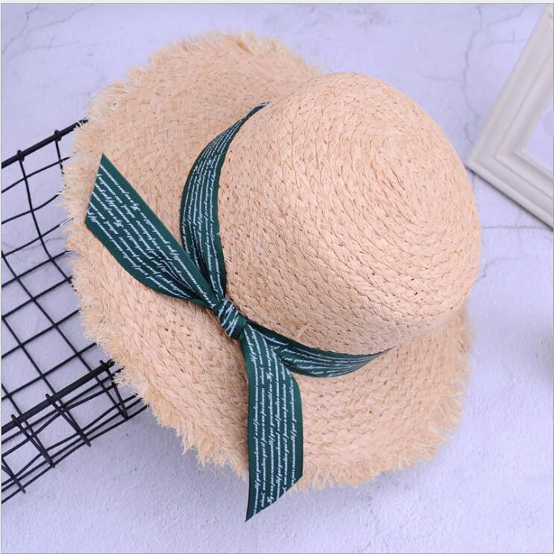 

2019 New Fashion Summer Bow 100%Raffia Hat Temperament Flat Straw Hats Women's Sea Beach Vacation Leisure Sunscreen Hat