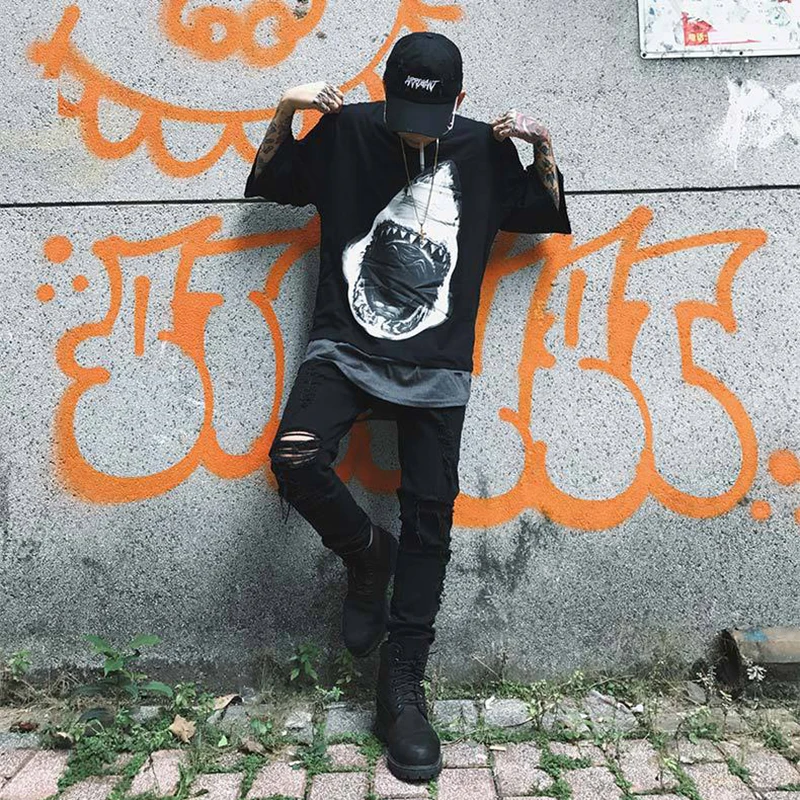 Футболка уличная мода повседневная граффити Vetements мужская и женская Акула хип
