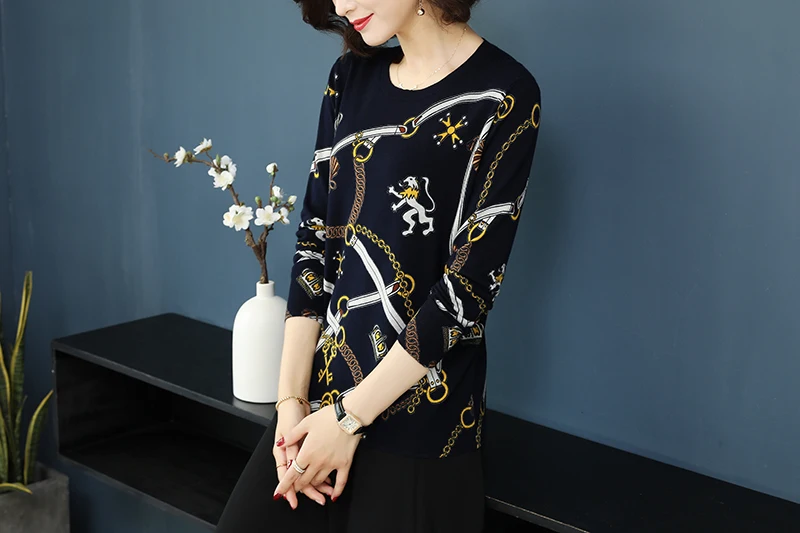 YISU трикотажные свитера женский теплый свитер Весна Осень свитер с принтом свободные повседневные пуловеры с круглым вырезом свитер с длинным рукавом