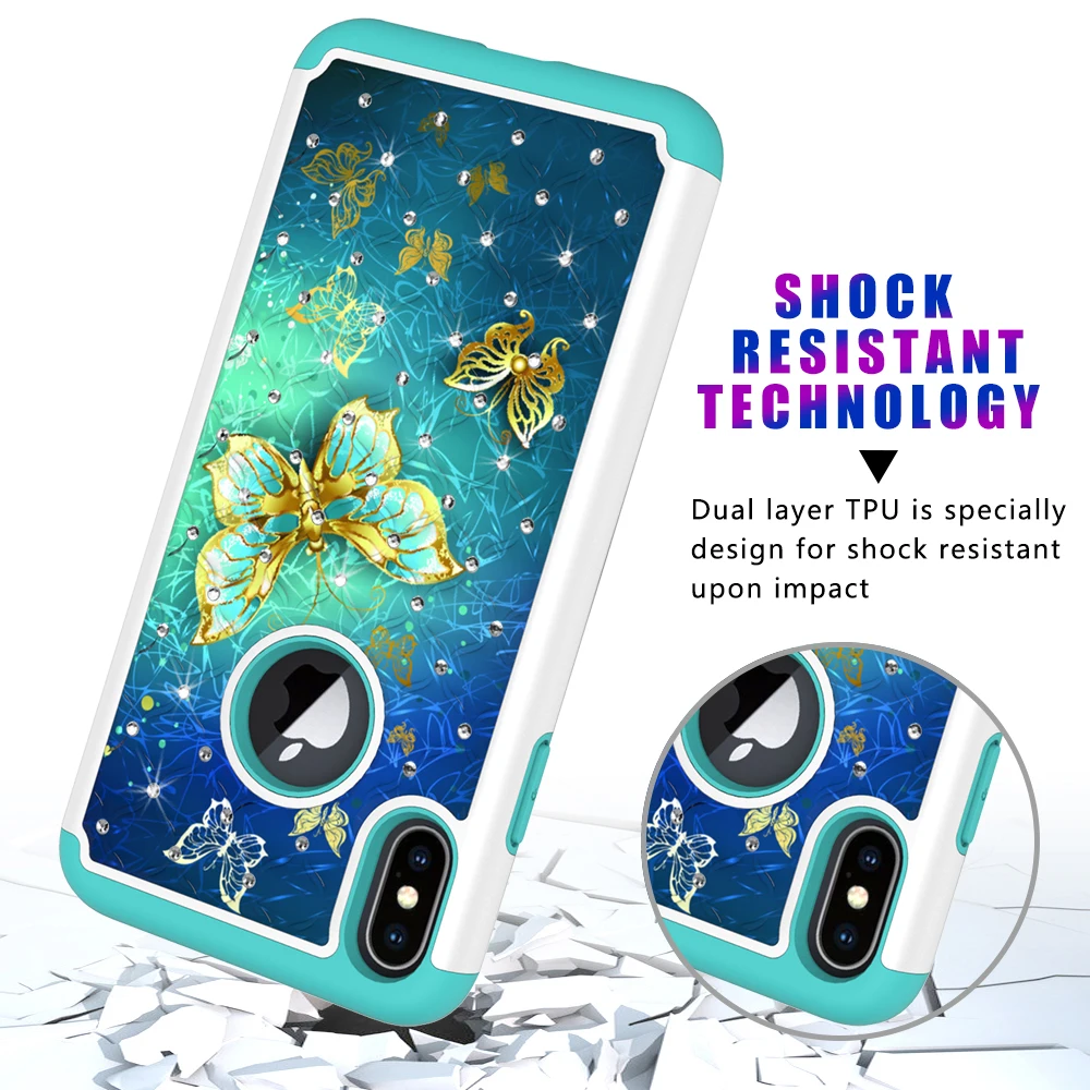 Чехол для телефона Iphone XR Xs Max X 2 в 1 с блестящими кристаллами Ударопрочный Мягкий