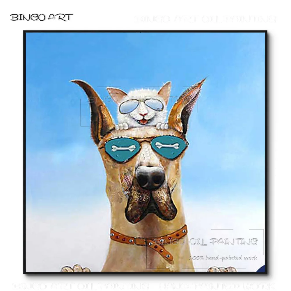 

Funny Design Hand-painted Lovely Dog and Cat with Glasses Oil Painting on Canvas Handmade Funny Animal Dog and Cat Oil Painting