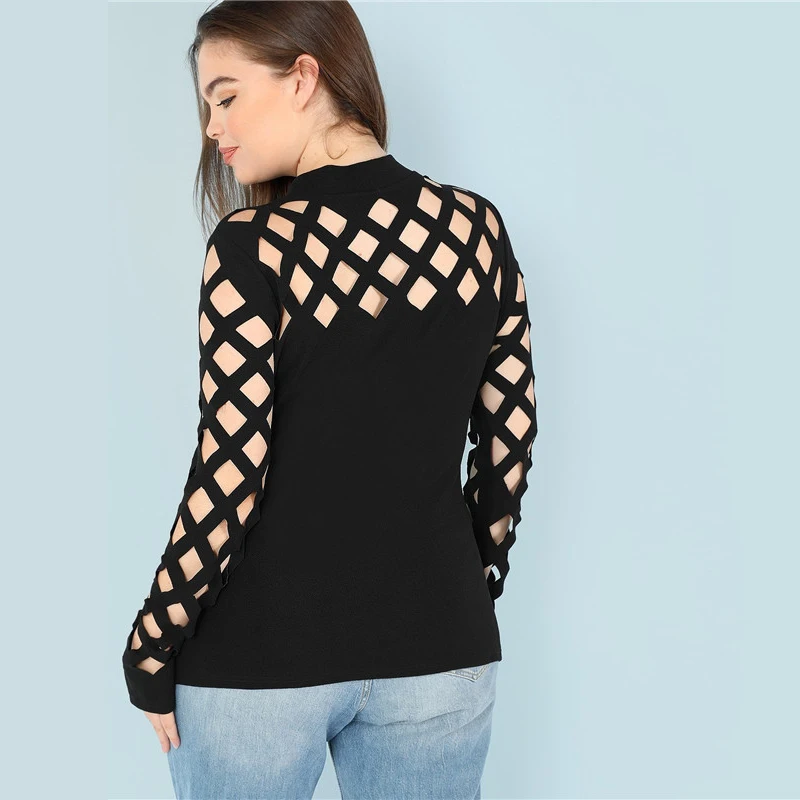 SHEIN Топ Размера Плюс С Вырезом Под Горло Женский Весенний Черный Элегантный Топ С Длинными Рукавами И Стоячим Воротником